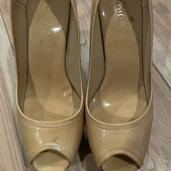 JIMMY CHOO NUDE, PATENT LEATHER, PEEP TOE WEDGES - Picture 3 of 5